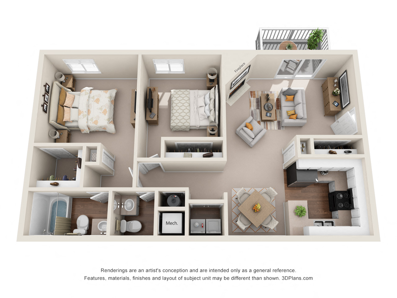Floor plan for 2 beds, 2 baths, 1063 sqft